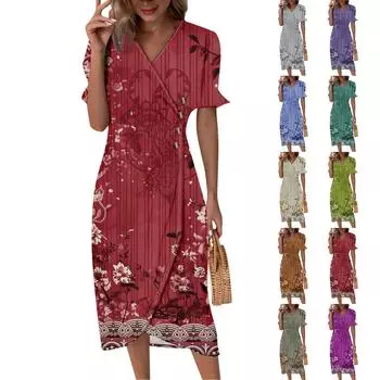Пляжные платья для женщин, весна-лето, элегантное платье с V-образным вырезом и цветочным принтом в стиле бохо, струящееся гавайское платье макси с рюшами L