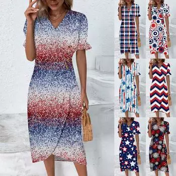 Пляжные платья для женщин, весна-лето, элегантное платье с запахом и V-образным вырезом в стиле бохо, струящееся гавайское платье макси с рюшами L синий