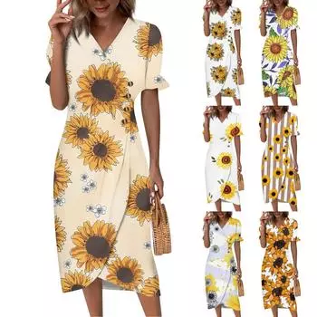 Пляжные платья для женщин, весна-лето, элегантное платье с запахом и V-образным вырезом в стиле бохо, струящееся гавайское платье со рюшами L хаки