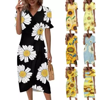 Пляжные платья для женщин, весна-лето, элегантное платье с запахом и V-образным вырезом в стиле бохо, струящееся гавайское платье со рюшами L чёрный