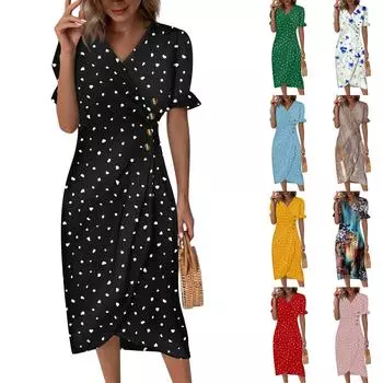 Пляжные платья для женщин, весна-лето, элегантное платье с V-образным вырезом и цветочным принтом в стиле бохо, струящееся гавайское платье макси с рюшами L чёрный