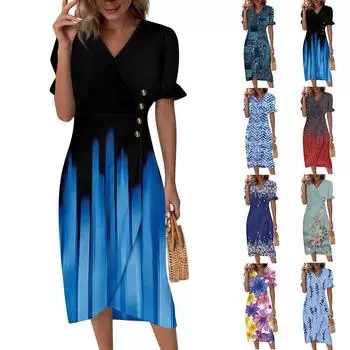 Пляжные платья для женщин, весна-лето, элегантное платье с запахом и V-образным вырезом в стиле бохо, струящееся гавайское платье макси с рюшами L синий