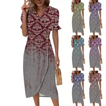 Пляжные платья для женщин, весна-лето, элегантное платье с V-образным вырезом и цветочным принтом в стиле бохо, струящееся гавайское платье макси с рюшами L синий