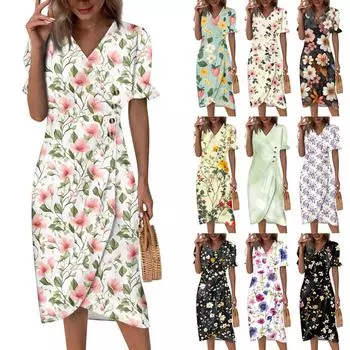 Пляжные платья для женщин, весна-лето, элегантное платье с V-образным вырезом и цветочным принтом в стиле бохо, струящееся гавайское платье макси с рюшами L