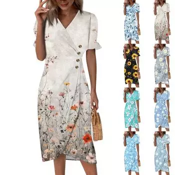 Пляжные платья для женщин, весна-лето, элегантное платье с V-образным вырезом и цветочным принтом в стиле бохо, струящееся гавайское платье макси с рюшами S