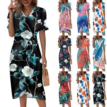 Пляжные платья для женщин, весна-лето, элегантное платье с V-образным вырезом и цветочным принтом в стиле бохо, струящееся гавайское платье макси с рюшами XXL