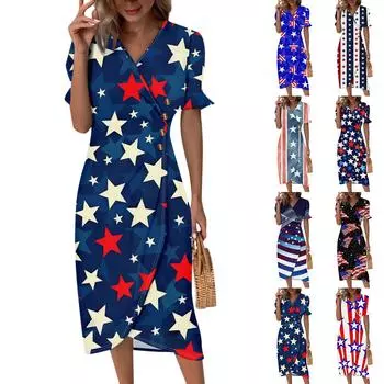 Пляжные платья для женщин, весна-лето, элегантное платье с V-образным вырезом и принтом «День независимости», струящееся гавайское макси-платье со сборками L синий