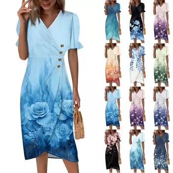 Пляжные платья для женщин, весна-лето, элегантное платье с V-образным вырезом и цветочным принтом в стиле бохо, струящееся гавайское платье макси с рюшами L оранжевый