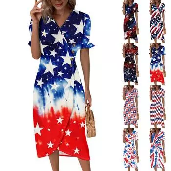 Пляжные платья для женщин, весна-лето, элегантное платье с V-образным вырезом и принтом «День независимости», струящееся гавайское макси-платье со сборками XXL синий