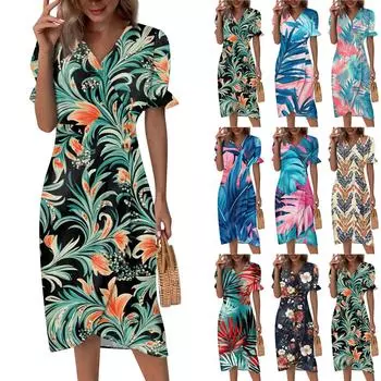 Пляжные платья для женщин, весна-лето, элегантное платье с V-образным вырезом и цветочным принтом в стиле бохо, струящееся гавайское платье макси с рюшами S чёрный