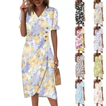 Пляжные платья для женщин, весна-лето, элегантное платье с V-образным вырезом и цветочным принтом в стиле бохо, струящееся гавайское платье макси с рюшами XL