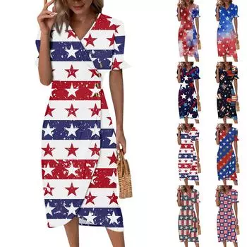 Пляжные платья для женщин, весна-лето, элегантное платье с V-образным вырезом и принтом «День независимости», струящееся гавайское макси-платье со сборками XL винный