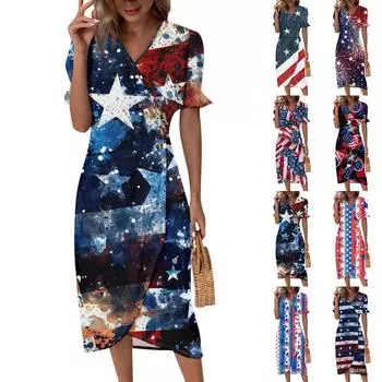Пляжные платья для женщин, весна-лето, элегантное платье с V-образным вырезом и принтом «День независимости», струящееся гавайское макси-платье со сборками M красный