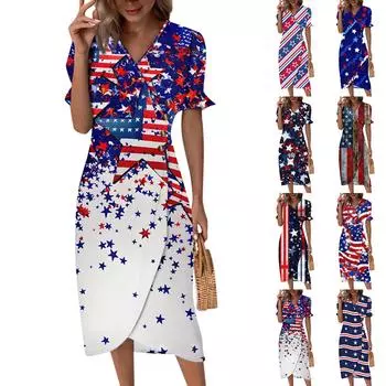 Пляжные платья для женщин, весна-лето, элегантное платье с V-образным вырезом и принтом «День независимости», струящееся гавайское макси-платье со сборками M синий