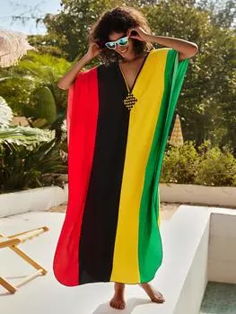 Пляжные платья, красные, черные, желтые, зеленые, цветные кафтаны для женщин, волнистые летние праздничные купальные костюмы, дропшиппинг One Size