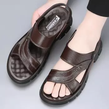 Пляжные сандалии для отдыха, мужские сандалии для вождения 2024 года, модные летние кожаные дышащие нескользящие водонепроницаемые сандалии двойного назначения 38 коричневый