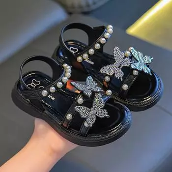 Пляжные сандалии с открытым носком и блестками для маленьких девочек, пляжные сандалии с блестками и блестками для маленьких девочек 25 чёрный