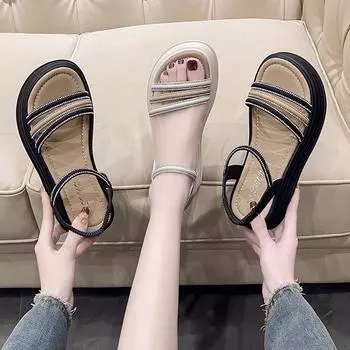 Пляжные сандалии со стразами, женские летние феи, толстая подошва, наружная одежда, сандалии с юбкой, женские модные летние дышащие туфли 35