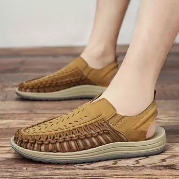 Пляжные сандалии в римском стиле ручной работы, дышащие, повседневные, на плоской подошве, для улицы, летние, универсальные, мужские сандалии, плетеные вручную, мужская обувь 38 чёрный