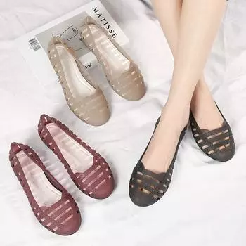 Пляжные сандалии женскиемодные полые туфли на низком каблуке с резиновой танкеткой легкие повседневные летние тапочки 37