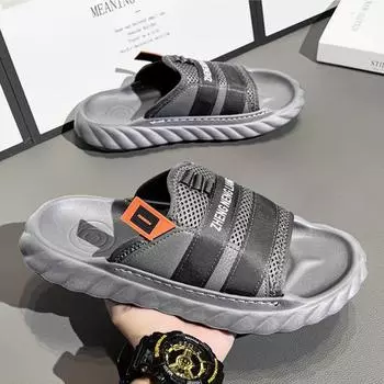 Пляжные тапочки для мужчин, нескользящие легкие дышащие сетчатые домашние сандалии из кожи EVA для улицы, спортивные повседневные тапочки 41-45