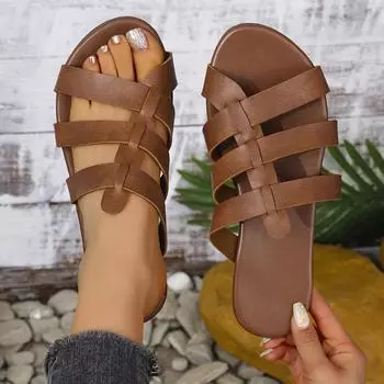 Пляжные тапочки на плоской подошве для женщин, модные летние однотонные кожаные пляжные сандалии с открытым носком, офисные женские тапочки для улицы 36