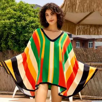 Пляжные топы в радужную полоску с принтом, накидки для купальников, летняя туника с рукавами «летучая мышь», пляжные праздничные купальные костюмы One Size разноцветный
