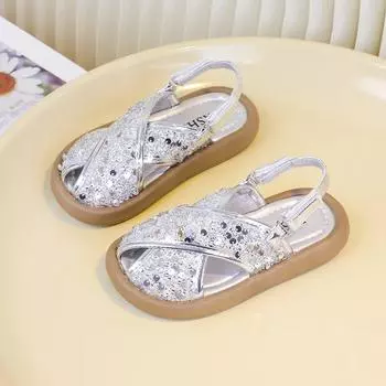 Пляжные туфли Peep Top для девочек со сверкающими пайетками 2024 года, летние детские универсальные сандалии принцессы для девочек, модные сандалии для активного отдыха 26 чёрный