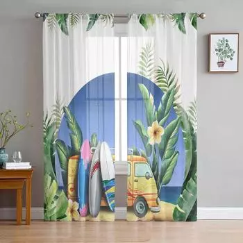 Пляжный автобус, тропические листья, летние прозрачные шторы для гостиной, кухни, оконные шторы, тюлевые шторы для спальни, вуаль 135W x 114H(cm)