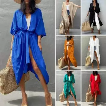 Пляжный кардиган с V-образным вырезом и короткими рукавами, быстросохнущий, дышащий, свободного кроя, купальный костюм, пальто с завязками чёрный