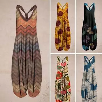 Пляжный комбинезон без рукавов с v-образным вырезом и принтом в этническом стиле, комбинезон-гарем, уличная одежда 2XL