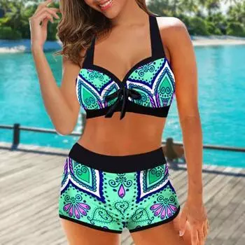 Пляжный комплект бикини с бантом на шнуровке, пуш-ап, мягкий бюстгальтер с лямкой на бретельках и цветочным принтом M синий