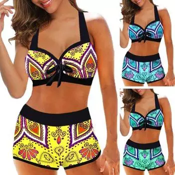 Пляжный комплект бикини с бантом на шнуровке и бретелькой с цветочным принтом Бюстгальтер с мягкой подкладкой и высокой талией M синий