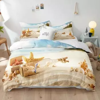 Пляжный комплект постельного белья из полиэстера с принтом в виде морских звезд и дрейфующих бутылок, чехол для ребенка и взрослого мальчика 70x133cm 2pcs