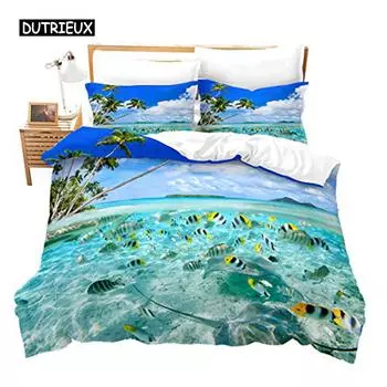 Пляжный комплект постельного белья Twin для детей Ocean Bedding Set Постельное белье Гавайский тропический принт Микрофибра полиэстер Одеяло Чехол US Queen(228x228cm)