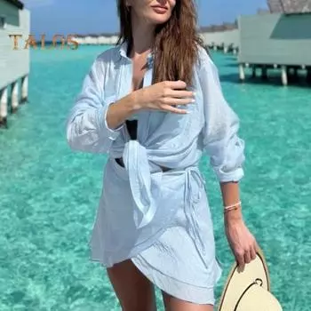 Пляжный комплект с длинными рукавами, прозрачная рубашка и платье, повседневный комплект из 2 предметов для плавания, защита от солнца