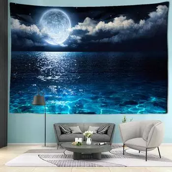 Пляжный лунный ночной пейзаж, гобелен, настенный богемный арт, загадочное волшебство, хиппи, тапиз, домашний декор 95x70CM