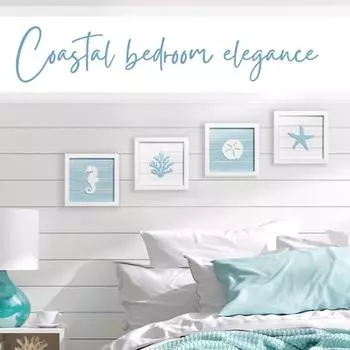Пляжный настенный декор, прибрежное искусство с морскими звездами, морскими коньками, песчаными долларами, кораллами, светло-бирюзовая рамка, тематические пляжные фигурки для ванной комнаты в океане