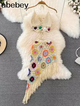 Пляжный отдых, ретро вязаный комплект бикини, женский бюстгальтер на бретельках + кисточка, нерегулярная юбка, модный летний сексуальный костюм из двух предметов, морской костюм One Size белый