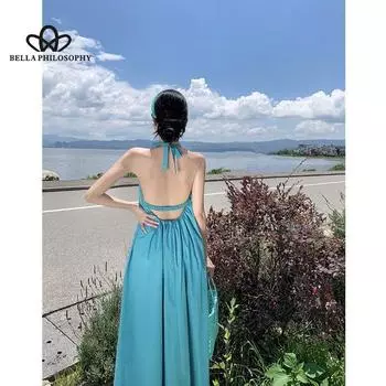 Пляжный отдых, сексуальное платье с лямкой на шее, летнее пляжное длинное платье феи, длинное платье для отпуска, повседневное платье S синий