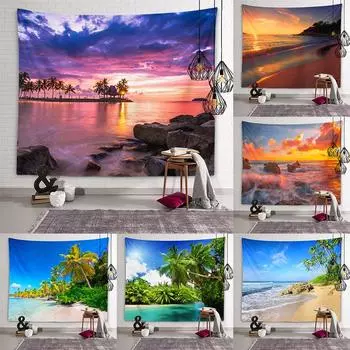Пляжный пейзаж, гобелен, закат, вечерний светящийся пейзаж, настенное художественное оформление, эстетика общежития, спальня, украшение дома 100X75CM