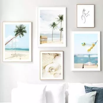 Пляжный песок, ракушка, коктейль, кокосовая пальма, настенная живопись на холсте, постеры на скандинавскую тему и принты, настенные панно для декора гостиной 21cm30cm NoFrame