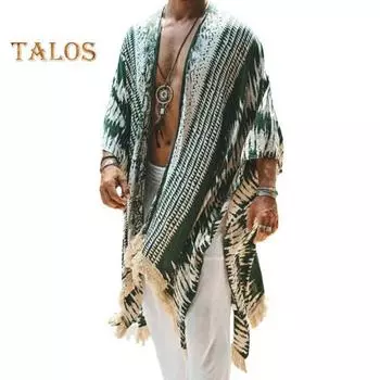 Пляжный плащ для мужчин, нерегулярный принт, накидка с бахромой по краям, свободный крой, пляжная шаль для отдыха на открытом воздухе, двусторонняя повседневная накидка, повседневная одежда M темно-зеленого