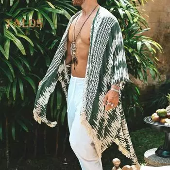 Пляжный плащ для мужчин, нерегулярный принт, накидка с бахромой по краям, свободный крой, пляжная шаль для отдыха на открытом воздухе, двусторонняя повседневная накидка, повседневная одежда M темно-зеленого