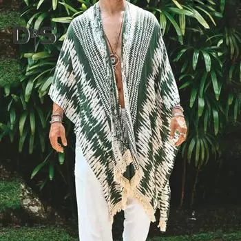 Пляжный плащ для мужчин, нерегулярный принт, накидка с бахромой по краям, свободный крой, пляжная шаль для отдыха на открытом воздухе, двусторонняя повседневная накидка, повседневная одежда M темно-зеленого