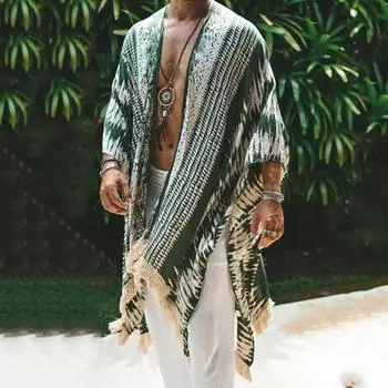 Пляжный плащ для мужчин с нерегулярным принтом и бахромой по краям, свободный крой, для отдыха на пляже M темно-зеленого