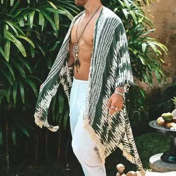 Пляжный плащ для мужчин с нерегулярным принтом и бахромой по краям, свободный крой, для отдыха на пляже M темно-зеленого