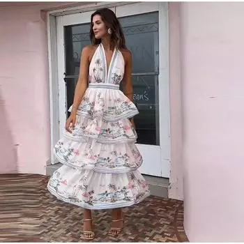 Пляжный принт халтер пушистый без рукавов спинки женское платье принцессы летний праздничный женский длинный халат S