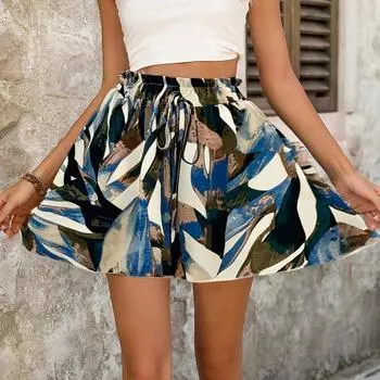 Пляжный принт, широкие шорты, женские, с высокой талией, льняные, летние, повседневные, со шнурком, легкие, удобные, одежда для отдыха M синий