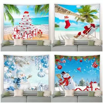 Пляжный Рождественский гобелен с пальмовыми листьями, Санта-Клаус, милый снеговик, эстетический праздничный гобелен для спальни, гостиной, Tapiz 100x75cm